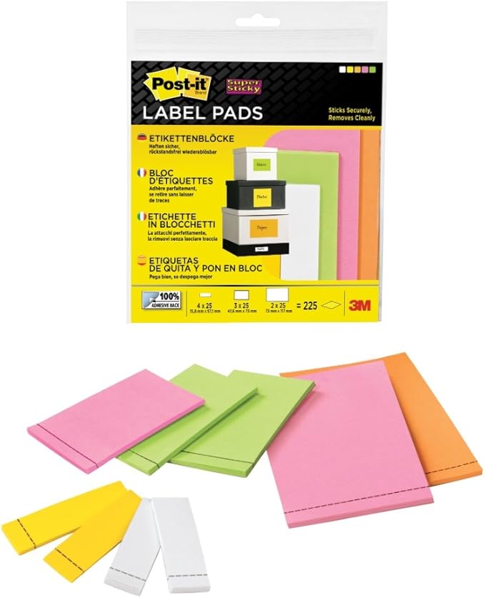 Postit Super Sticky Removable Label Pads with Mixed Sizes (9 Pads x 25