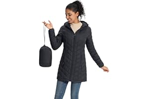ZMC Women's Packable Puffer Jacket, Water-Resistant Hooded Puffer Jacket Lightweight Mid-Length Winter Puffer Coat