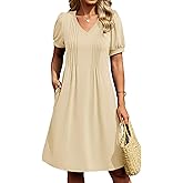 Bluetime Dresses for Women Casual Summer Sundresses Pleated V Neck Short Sleeve A Line Flowy Boho Dress Beach Vacation