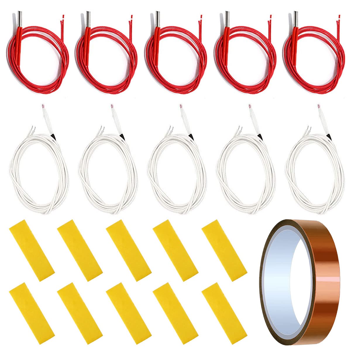 Youmile 5 Pcs 24V 40W 620 Ceramic Cartridge Heater 1m/3.3ft Wire for 3D Printer with 5 Pcs 100K ohm NTC 3950 Thermistor, High Temp Tape, 10 Pcs Heating Block Cotton