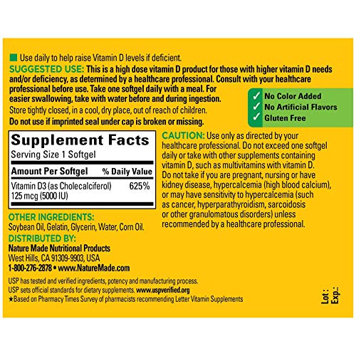 Nature Made Extra Strength Vitamin D3 5000 IU (125 mcg), Dietary Supplement for Immune Support, 360 Softgels, 360 Day… - Image 3