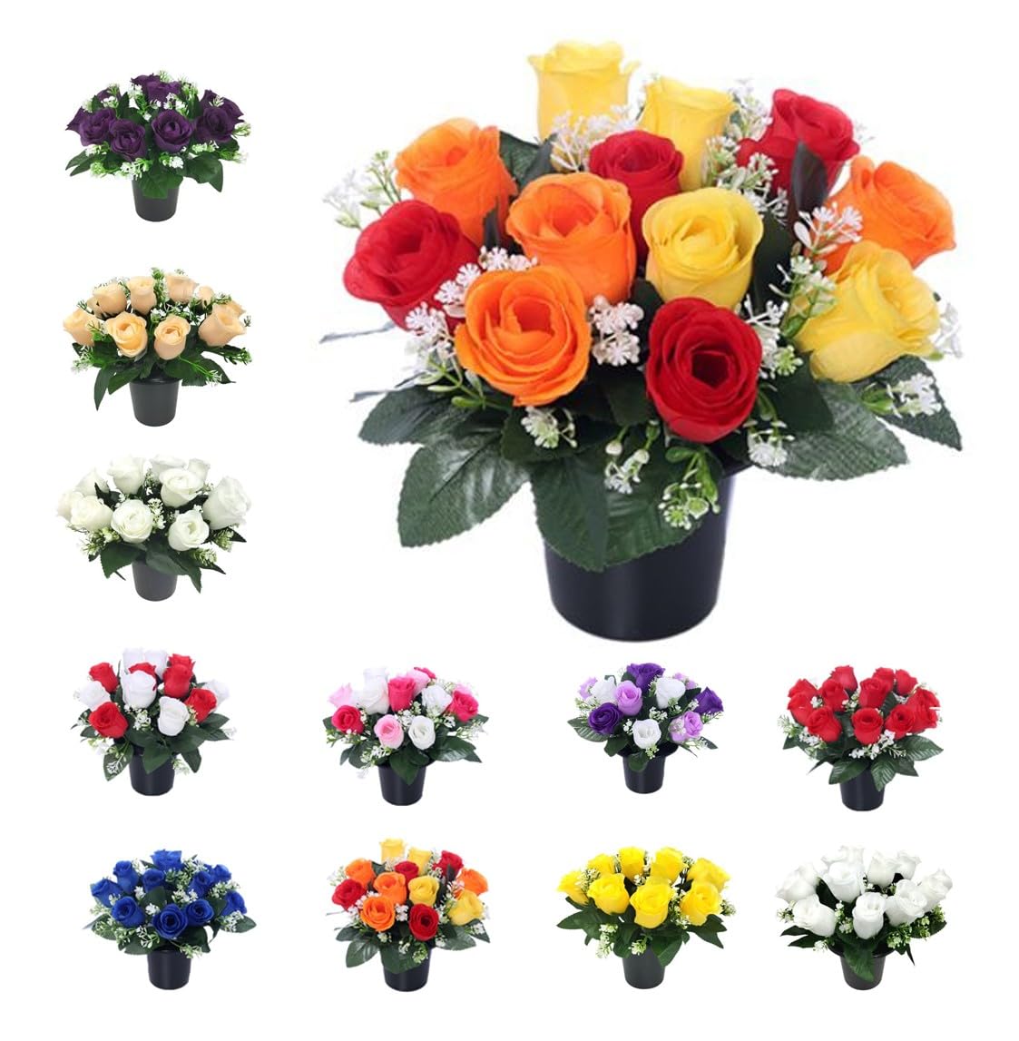 Mr. Barry’s Rose Artificial Flowers in Grave Flower Pots – UV-Resistant, Long-Lasting Design for Cemetery, Grave Displays, Home & Garden Memorial Arrangements (Yellow Orange & Red)