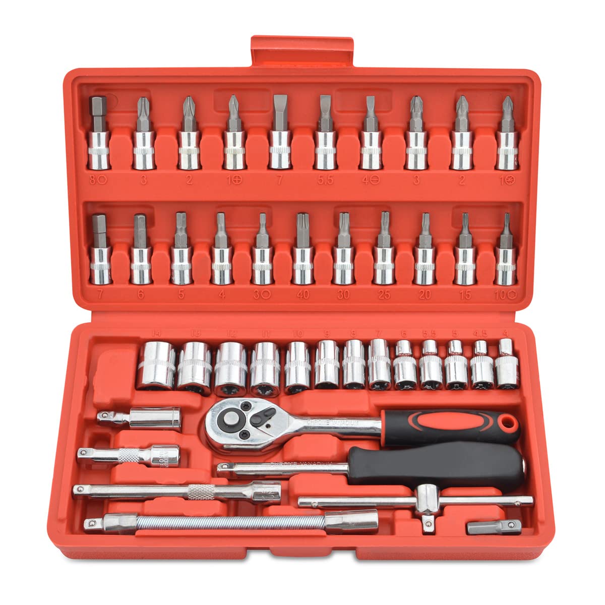 Gunpla 46 Piece 1/4" Drive Socket Wrench Driver Bits Metric Set Flexible Extension Rods with Reversible Ratchet Spanner for Car Bicycle Motor