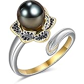 HXLWQYV AAAAA Tahitian Black Pearl Lotus Adjustable Valentines Ring For Women,925 Silver Saltwater Pearl Jewelry,Anniversary Birthday Gifts for Her Wife Mom Daughter Friend Grandma