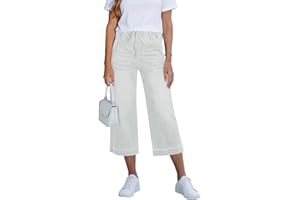 Capri Denim Pants for Women Wide Leg Elastic Waist Drawstring Capris Jeans with Pockets Summer Casual Cropped Jean