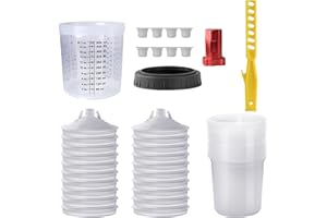 ROIKETU Disposable Paint Mixing Cup Kit,HVLP Paint Sprayer Gun Mixing Cups 20 Ounce (600ml) Kit with 10 Cups and Lids System, 10 Plugs and 1 Hard Cup with Retainer Ring, 1 Cup Adapter,Paint Stirrer (10)