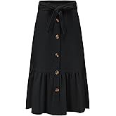 Eymitory Girls Maxi Skirts Button Front High Waisted Long Skirt with Belt Ruffled Skirts with Pocke
