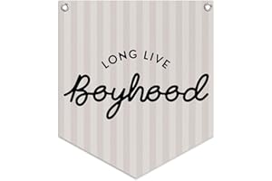Lacama Long Live Boyhood Linen Banner,Vintage Boy Room Toddler Decor,Boy Bedroom Wall Hanging Banner Pennant Flag Decor for Nursery Playroom,12.4x14 in(Neutral Stripe)