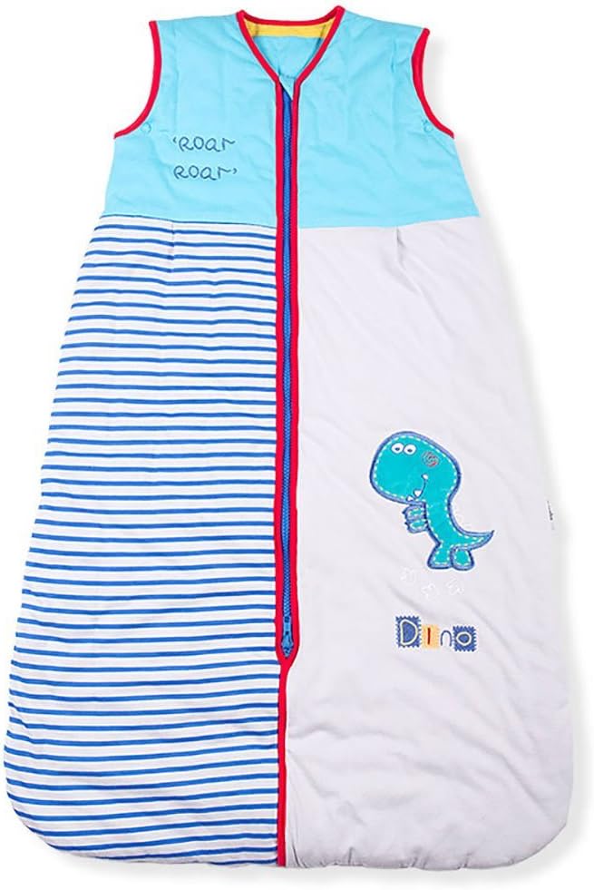Baby Sleeping Bag, Roar Dinosaur, Kiddy Kaboosh Various Sizes, Winter Weight, Cosy & Safe, Perfect Presents, Machine washable - Light gray with royal blue and marine trim - Size 3.5 Tog, 3-6 Years