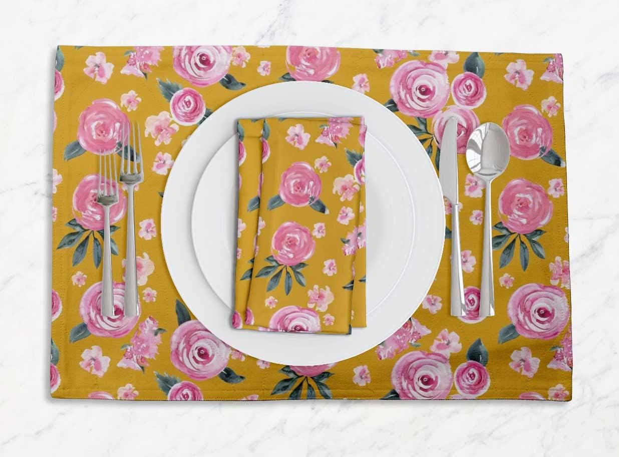 S4Sassy Gold Leaves & Ranunculus Floral Washable Placemats & Napkins Table Decor Dining Mats