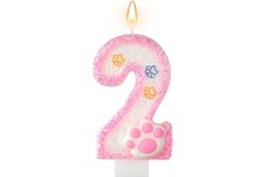 AKURIEEY Dog and Cat 2nd Birthday Candle Pink Numbers 2 Candle Paw Cake Topper Cupcake Decorations for Pet Theme Party Decor Anniversary Celebrations Supplies