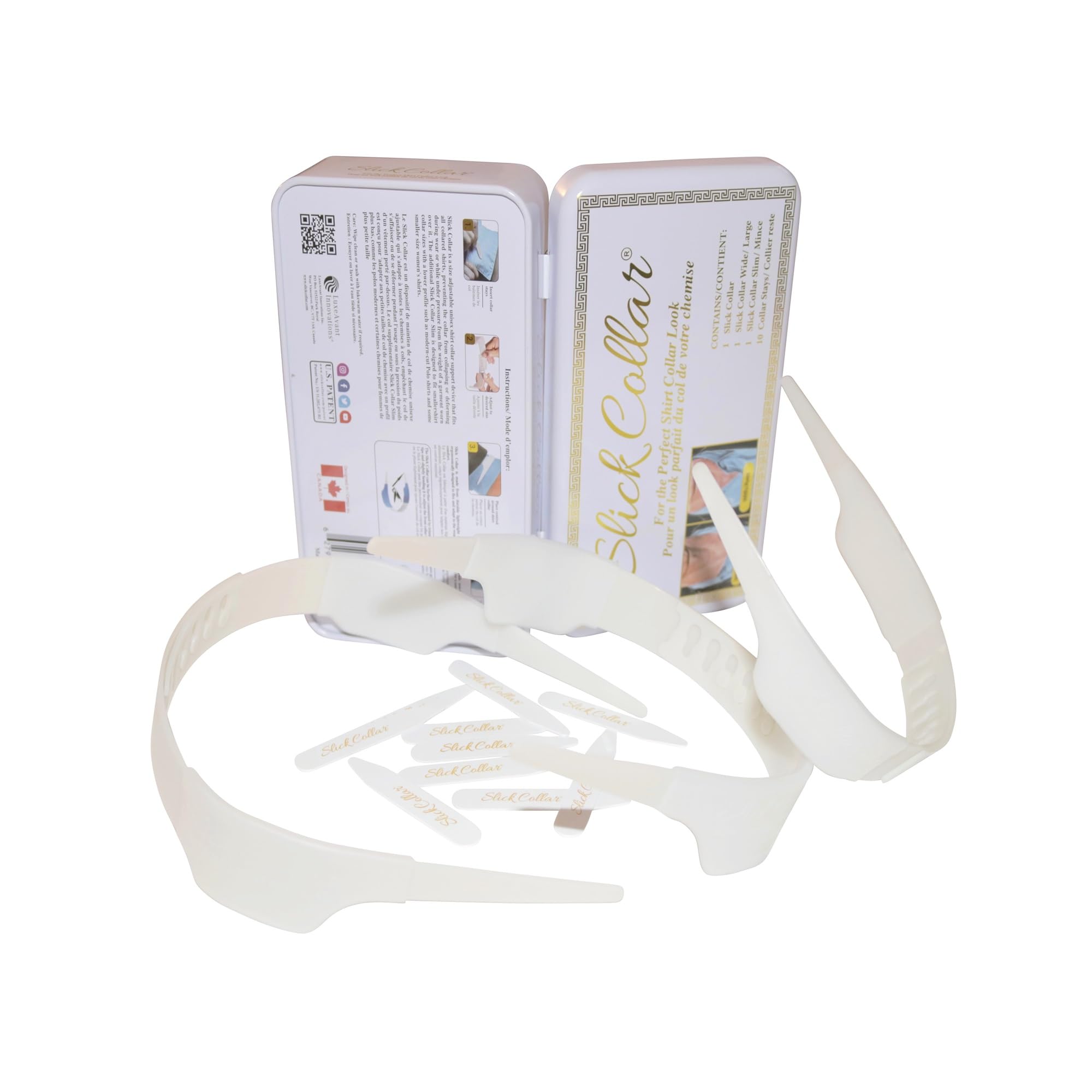 Slick Collar Shirt Collar Support System set with 3 adjustable, 10 premium Collar Stays & a Durable tin Travel EDC Box in White