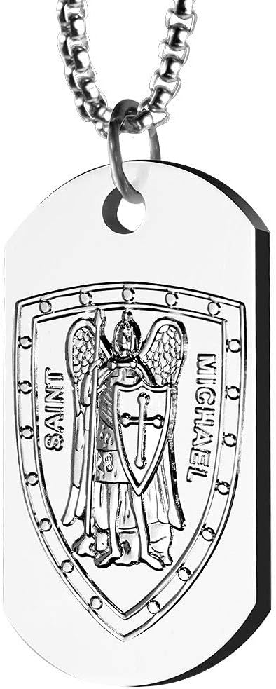St. Michael Necklace for Men | Sterling Silver-Plated 1.6 Ounce Dog Tag Pendant with 24 Inch Box Chain Necklace | St. Michael the Archangel Prayer Engraved on Back