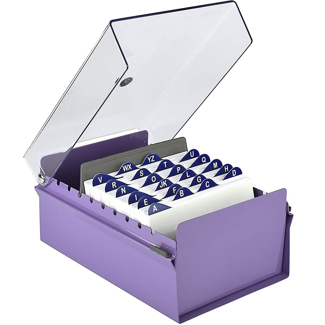 Acrimet 4'' X 6'' Card File Holder Organizer Box Metal Base Heavy Duty (AZ Index Cards 155mm width x 115mm height and Divider Included) (Purple Color with Clear Crystal Plastic Lid Cover)