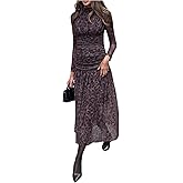 GORGLITTER Women's Cheetah Mesh Dress Animal Print Long Sleeve Sheer Mesh Bodycon Ruched Long Midi Dresses