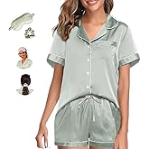 WJing Yi Jia Womens Pajama Sets XS-4XL Silk Satin Pajamas Set Floral 2Pcs Pj Sets Button Down Pjs Set Sleepwear Loungewear