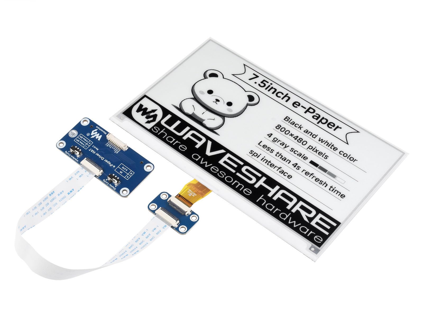 Waveshare 7.5 inch E-Paper Display HAT V2 for Home Assistant & ESPHome Projects 800x480 3.3v/5v E-Ink Electronic Screen with Embedded Controller SPI Interface for Raspberry Pi/Jetson Nano/STM32