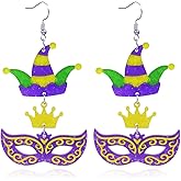 BOOZIQ MardiGras Earrings for Women Acrylic Fleur De Lis Mask Crown Hat Dangle Earring Carnival Theme Party Colorful Tassel Earring MardiGras Jewelry Accessories