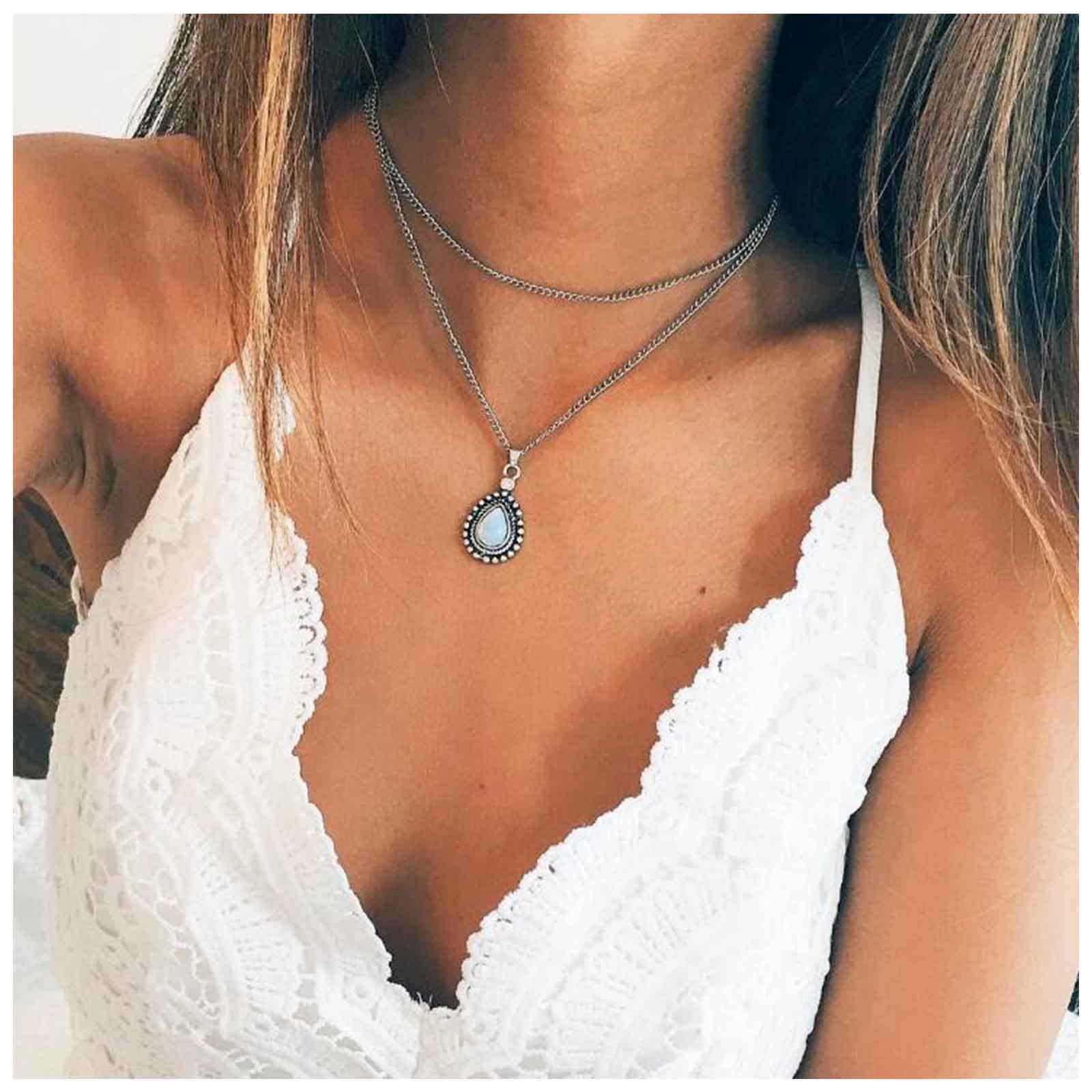 Cimenexe Boho Waterdrop Opal Necklace Layered Silver Choker Necklace Moontone Teardrop Pendant Necklace Choker Opalite Clavicle Necklace Chain Jewelry for Women and Girls