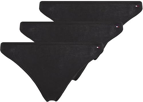 Tommy Hilfiger Women's 3 Pack Ribbed Thongs, Multicolor (Black/Black Rib/Black), L