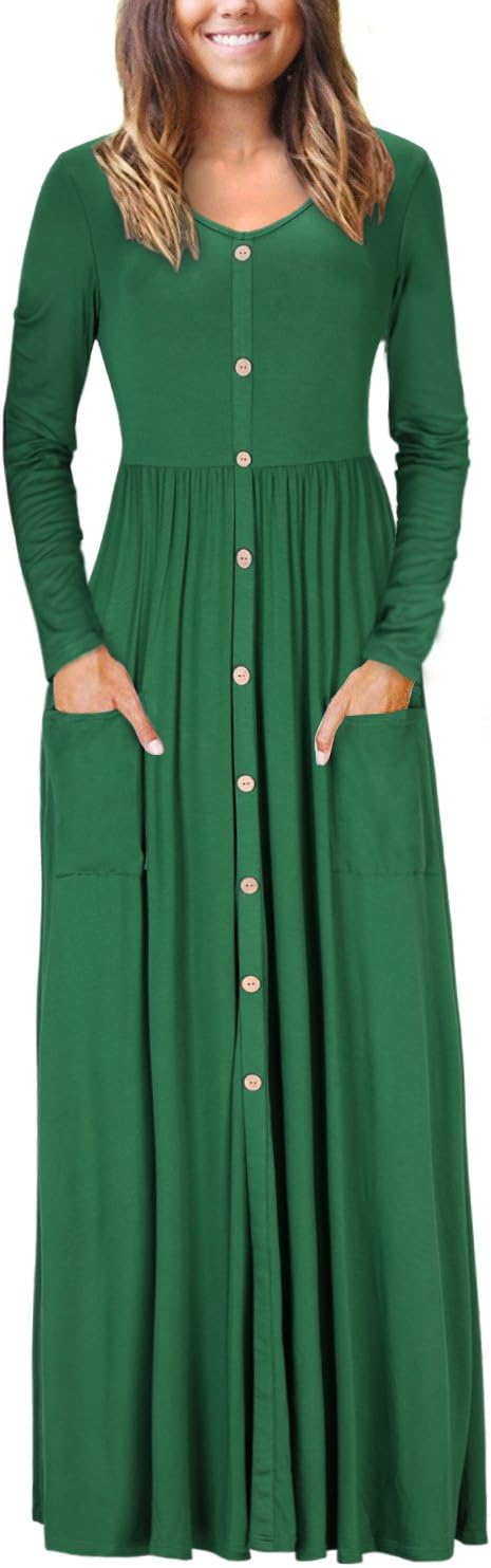 VOTEPRETTY Women's V Neck Long Sleeve Casual Loose Button Maxi Dress with Pockets