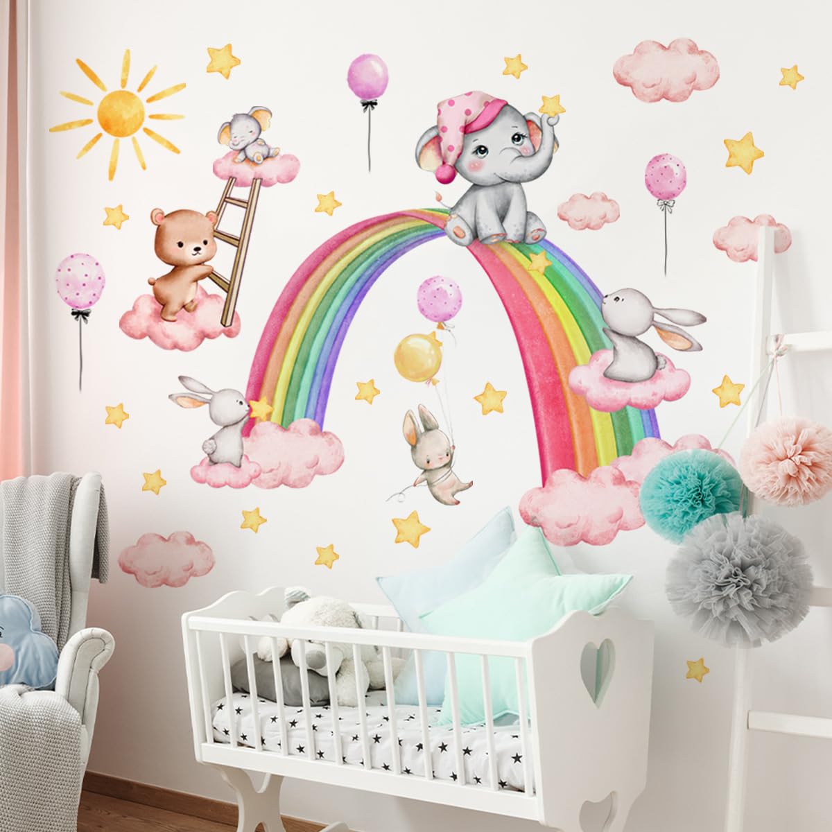 Timelesslong Rainbow Wall Stickers for Girls Nursery Bedroom Living Room, Vinyl Colorful Clound Rabbit Cute Wall Decals Removable Wall Murals Peel and Stick Wall Decor Art Wallpaper