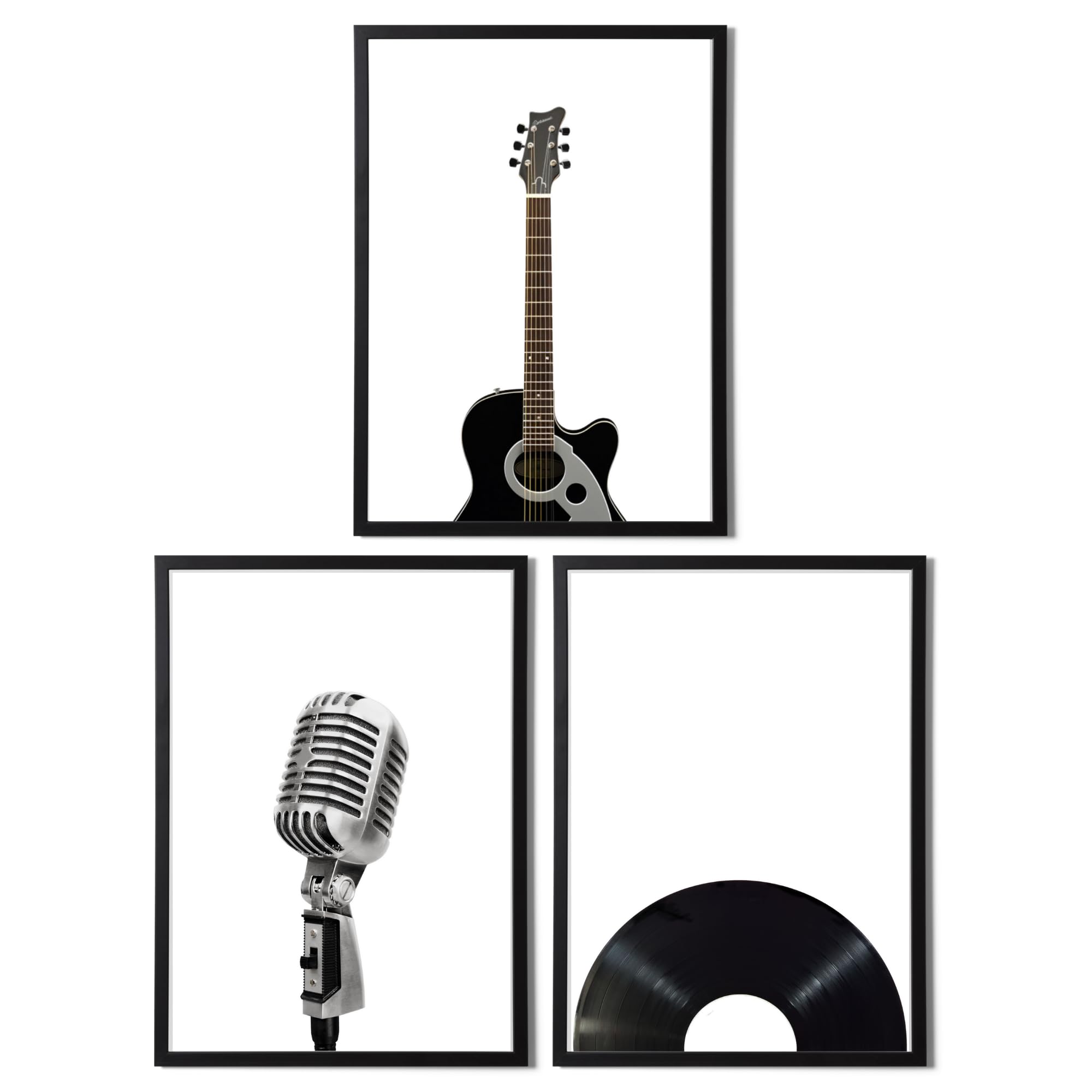 Set of 3 Vintage Music Posters - Black & White Retro Wall Art Featuring Guitar, Microphone, and Vinyl CD - Available in A4 and A3 on Matte Paper, Music/Living Room Wallart (A4 Black Framed)