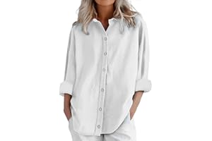Womens Button Down Linen Shirts Vacation Outfits Loose Fit Long Sleeve Casual Oversize Collared Blouse