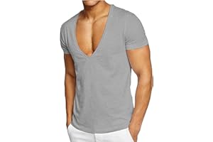 Mens Deep V Neck T Shirt Stretch Muscle Gym Workout Tee Shirt Short Sleeve Slim Fit Low Cut Tee Tops