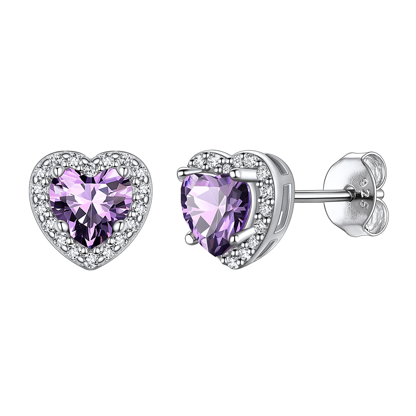925 Sterling Silver Heart Brilliant Cut Cubic Zirconia CZ Halo Stud Earrings for Women Girls Tiny Cute Comfy Simulated Purple Amethyst February Birthstone Hypoallergenic Wedding Bridesmaid Earrings