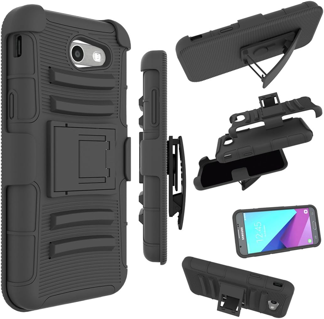 for Samsung Galaxy J3 Emerge Case, J3 Prime / J3 Eclipse / J3 2017 / J3 Luna Pro/Sol 2 / Amp Prime 2 / Express Prime 2 Cover, Zoeirc Shock Proof Dual Layer with Kickstand & Belt Clip Holster (Black)