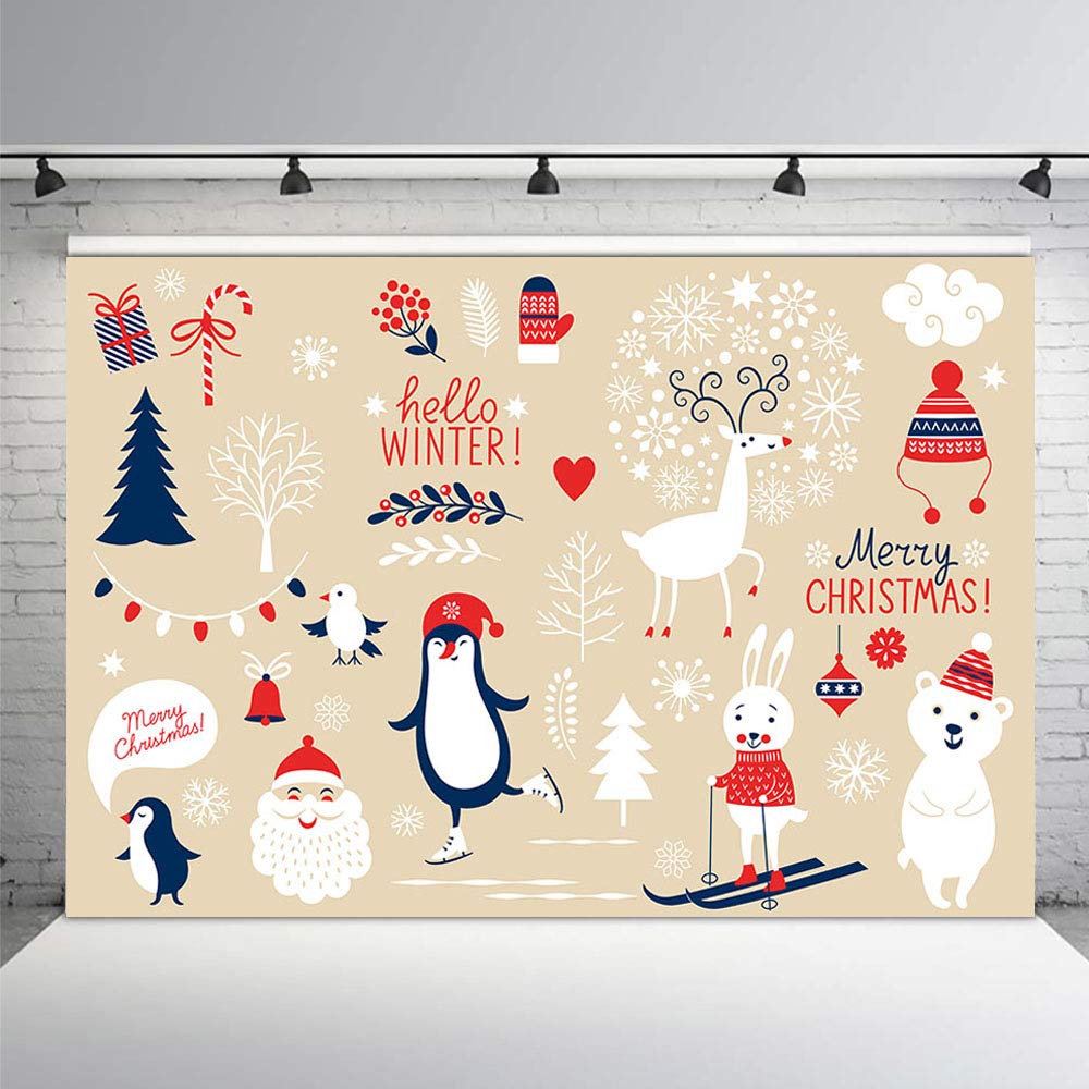 Mehofoto Cute Cartoon Merry Christmas Decoration Picture Backdrop Winter Snow Animals Printed Fabric Photography Background Wallpaper Christmas