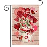 LHSION Happy Valentine's Day Garden Flag 12.5 x 18 Inch Love Heart Flowers Garden Flag Decorative Double Sided Large Flag for Valentine's Day Decoration