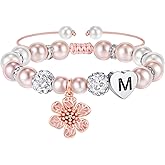MONOOC Cute Flower Charm Bracelet for Girls Kids - Initial Charm Bracelets for Girls, Adjustable Pearl and Rhinestone Beaded Bracelet Heart Initial Bracelets Jewelry for Flower Girl Birthday Gifts