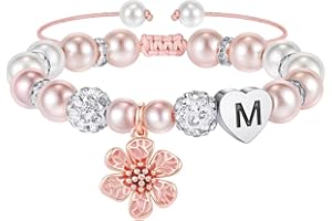 MONOOC Stocking Stuffers for Girls Kids - Initial Flower Charm Bracelets for Girls, Adjustable Pearl and Rhinestone Beaded Bracelet Heart Initial Bracelets Jewelry for Flower Girl Gifts Birthday Gifts