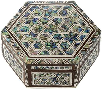 Leolana Egyptian Mother of Pearl &amp; Paua Shell Inlaid Hexagonal Premium Handmade Jewelry Box (5.0")