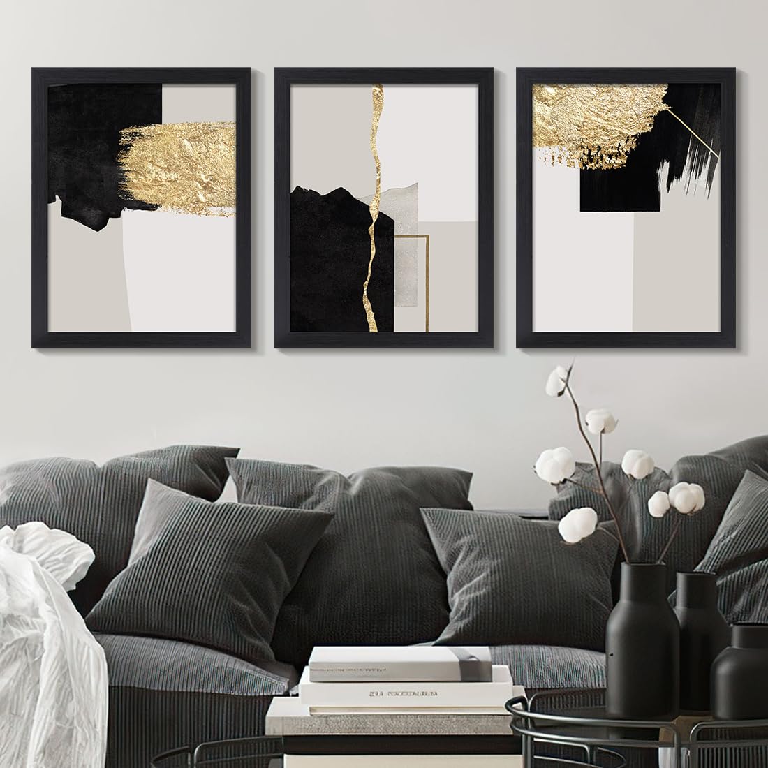 QTESPEII Set of 3 Abstract Canvas Wall Art Black and Gold Geometric ...