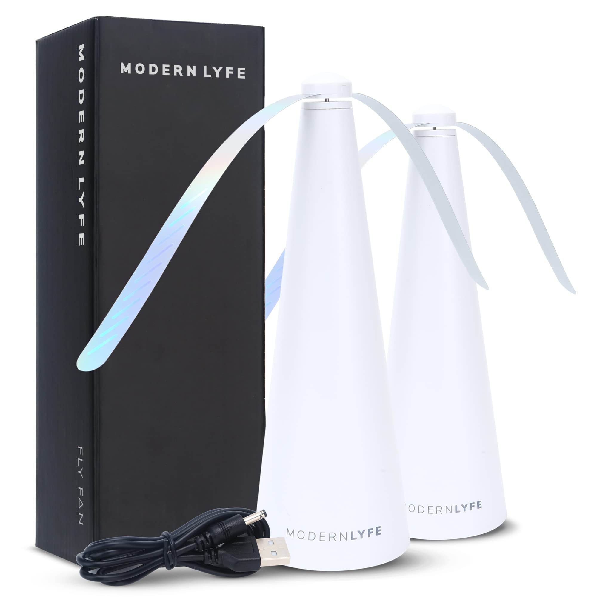 Fly Fans for Tables by Modern Lyfe - AA Battery & USB Powered - Fly Swatter Outdoor Camping Accessory Or for Food at Parties, Restaurants & Picnics, Bug Fan, Spinner Keeps Flies Away (2 Pack - White)