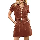Women's Corduroy Mini Dress Short Sleeve Lapel Zip Up Belted Cowgirl Dresses with Pockets