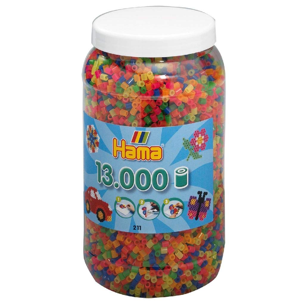 Hama Perlen 211-51 Ironing Beads Tin with Approx. 13000 Midi Craft Beads with Diameter 5 mm in Neon Mix, Creative Craft Fun for Young and Old