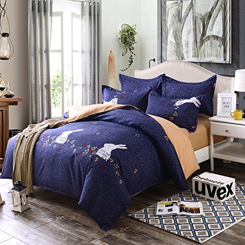 4pcs Animal Designs Hydro-Cotton Kids'/Teens' Bedding Sets Duvet Cover Flat Sheet Pillowcases (Twin, LE LAPIN Rabbit, Navy Blue)