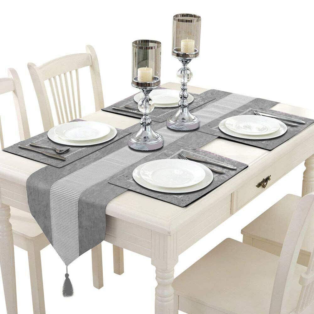 Time to Sparkle Velvet Table Runner + 4 Placemats Thick Velvet Satin Tasseled Xmas (Grey, 4*Placemats + 1*Runner)