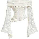 SweatyRocks Women's Plus Size Off Shoulder Lace Tops Mesh Long Bell Sleeve Ruffled Fitted Asymmetrical Tee Shirts