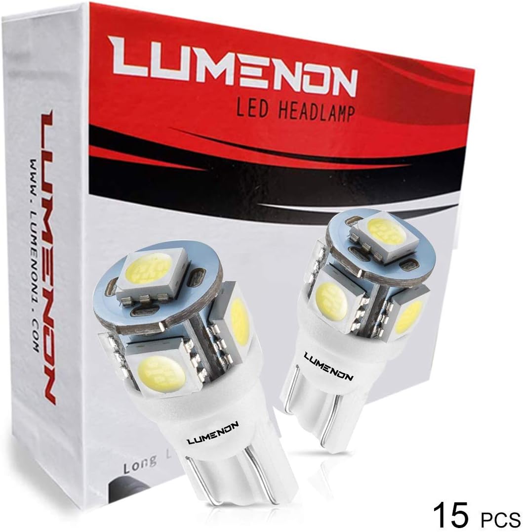 Lumenon 194 LED Light Bulb 6000K 168 T10 2825 5SMD LED Replacement Bulbs for Car Dome Map Door Courtesy License Plate Lights (Pack of 15)