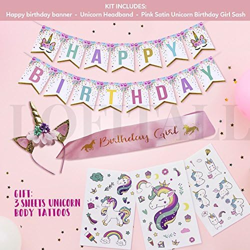 Unicorn Birthday Girl Set-Gold Glitter Unicorn Headband-Birthday Girl Pink Satin Sash-Happy Birthday Rainbow Unicorn Banner + 3 sheets Unicorn Tattoos-Happy Birthday Unicorn Party Supplies and Favors