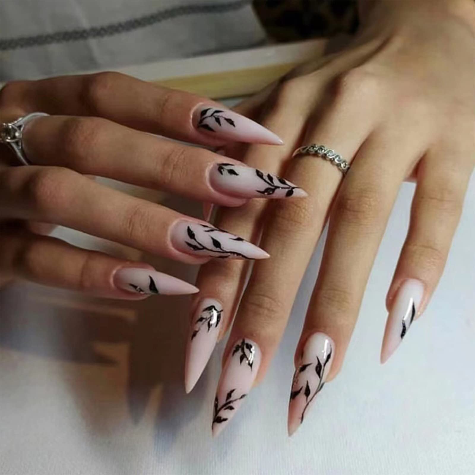 SINHOT Stiletto Press on Nails Extra Long Fake Nails with Glue Glossy False Nails with Black Leaves Designs Full Cover Almond Acrylic Nails 24pcs
