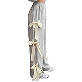 Vaceky Bow Baggy Sweatapnts Women Satin Knot Wide Leg Track Pants with Pockets