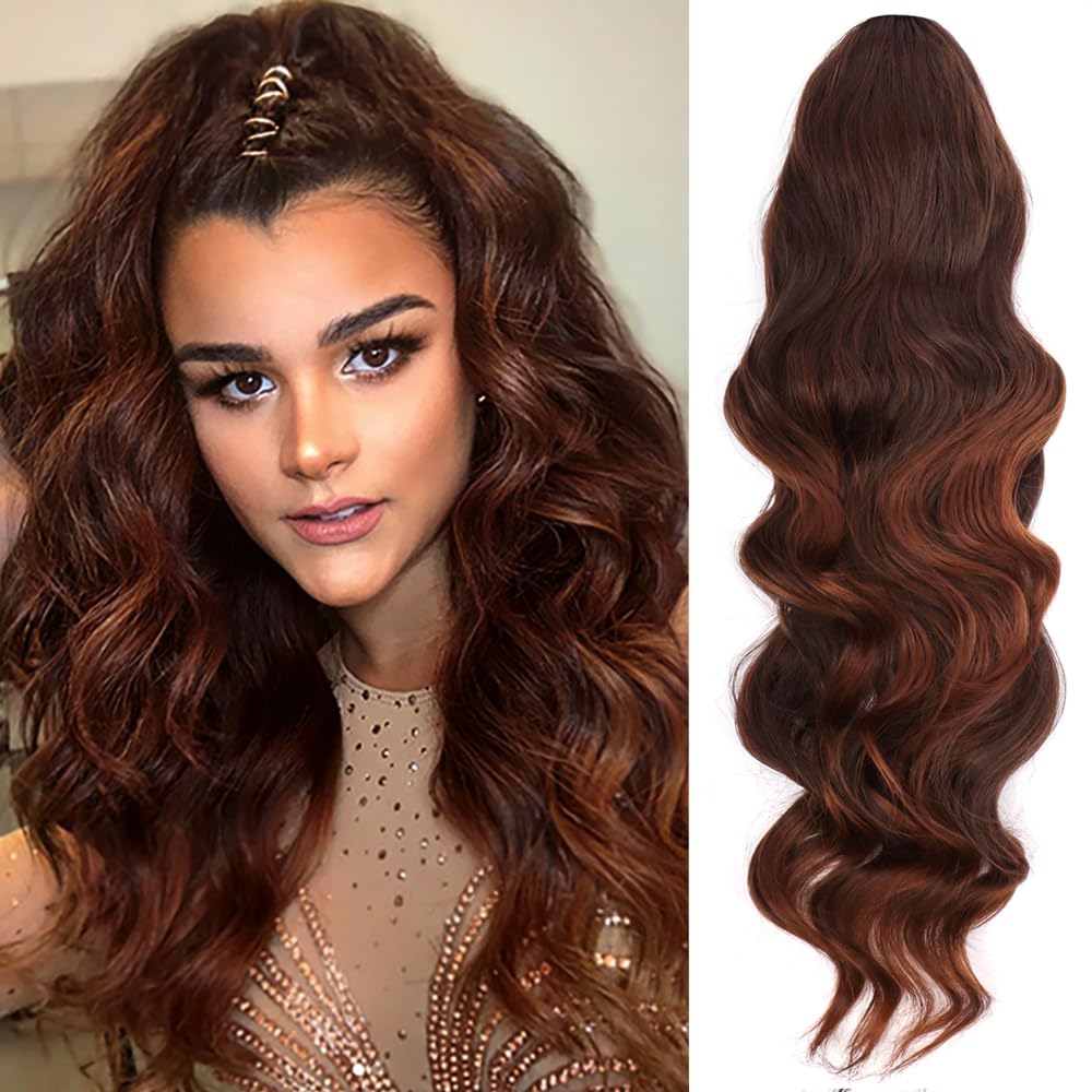 YEESHEDO Ponytail Extensions for Women Synthetic Long Wavy Drawstring Ponytail Clip On Extension Body Wave Curly Ponytail Hairpiece 24” (Dark brown with Brown highlights)