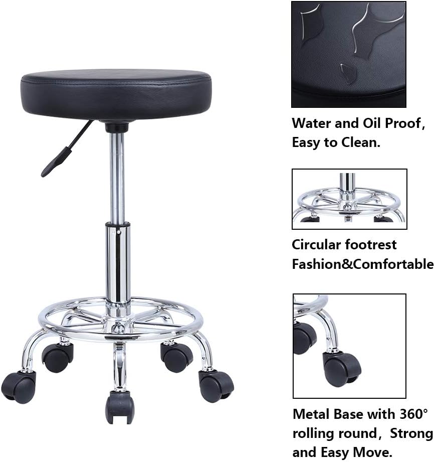 KKTONER PU Leather Round Rolling Stool with Foot Rest Swivel Height Adjustment Medical Spa Drafting Salon Tattoo Work Office Massage Stools Task Chair Black: Furniture & Decor