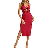oten Women's Sexy Spaghetti Strap Tie Knot Cut Out Bodycon Sleeveless Ribbed Knit Slit Club Party Midi Dresses
